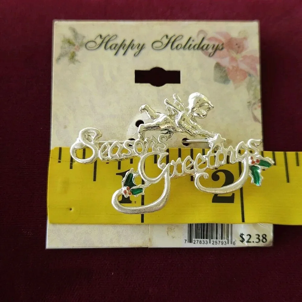 Vintage Walmart Season’s Greetings Christmas Brooch Pin Silver Tone NOS NOC
